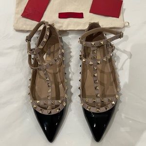 Valentino rock stud black/tan flats, size 38.5